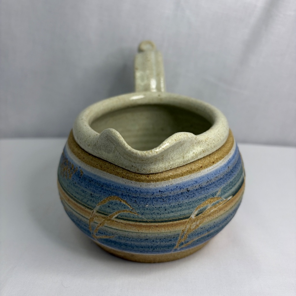 Studio Pottery Gravy Boat Pitcher Creamer Vase Etched Stoneware Vintage Signed - Picture 2 of 12